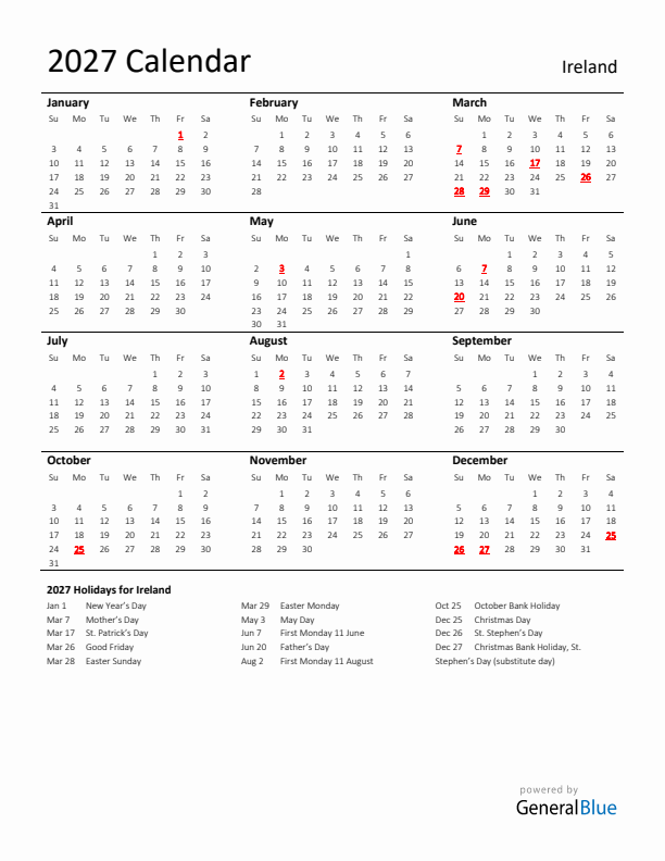 Standard Holiday Calendar for 2027 with Ireland Holidays 