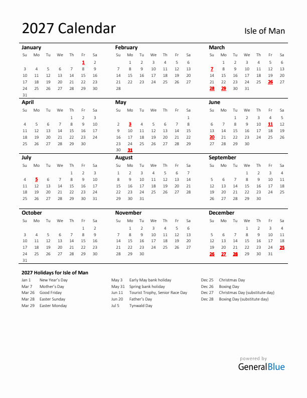 Standard Holiday Calendar for 2027 with Isle of Man Holidays 