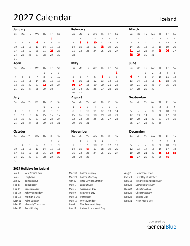 Standard Holiday Calendar for 2027 with Iceland Holidays 