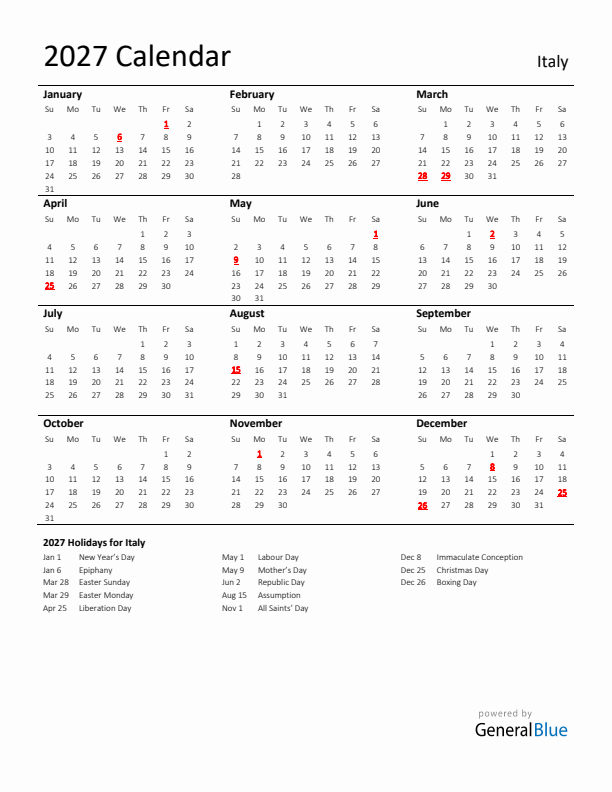 Standard Holiday Calendar for 2027 with Italy Holidays 