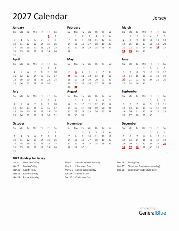 Standard Holiday Calendar for 2027 with Jersey Holidays 
