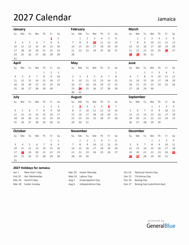 Standard Holiday Calendar for 2027 with Jamaica Holidays 