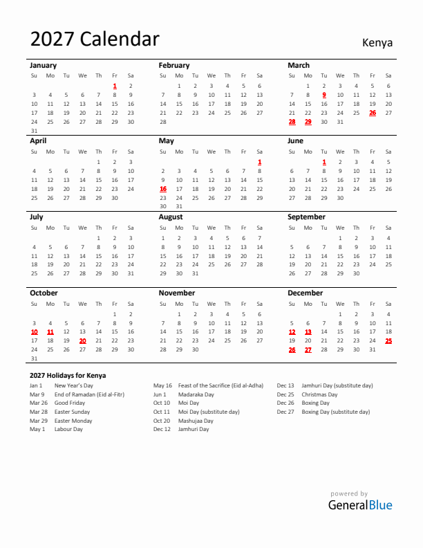 Standard Holiday Calendar for 2027 with Kenya Holidays 