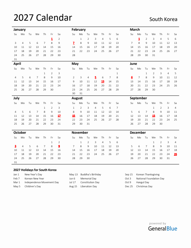 Standard Holiday Calendar for 2027 with South Korea Holidays 