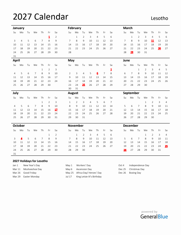 Standard Holiday Calendar for 2027 with Lesotho Holidays 