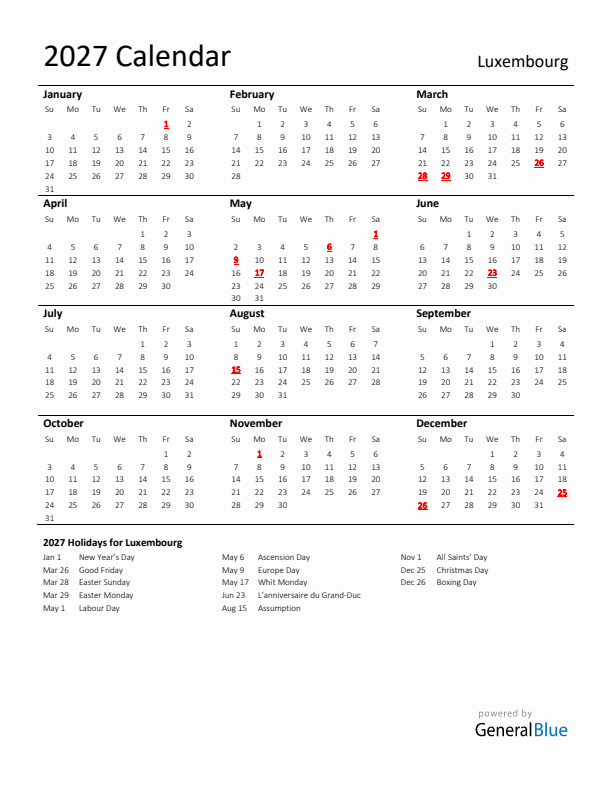 Standard Holiday Calendar for 2027 with Luxembourg Holidays 