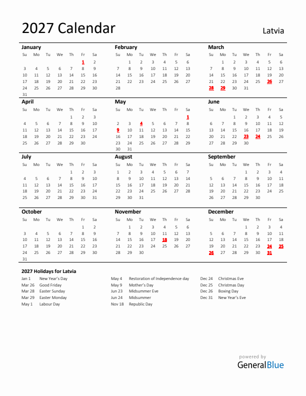 Standard Holiday Calendar for 2027 with Latvia Holidays 