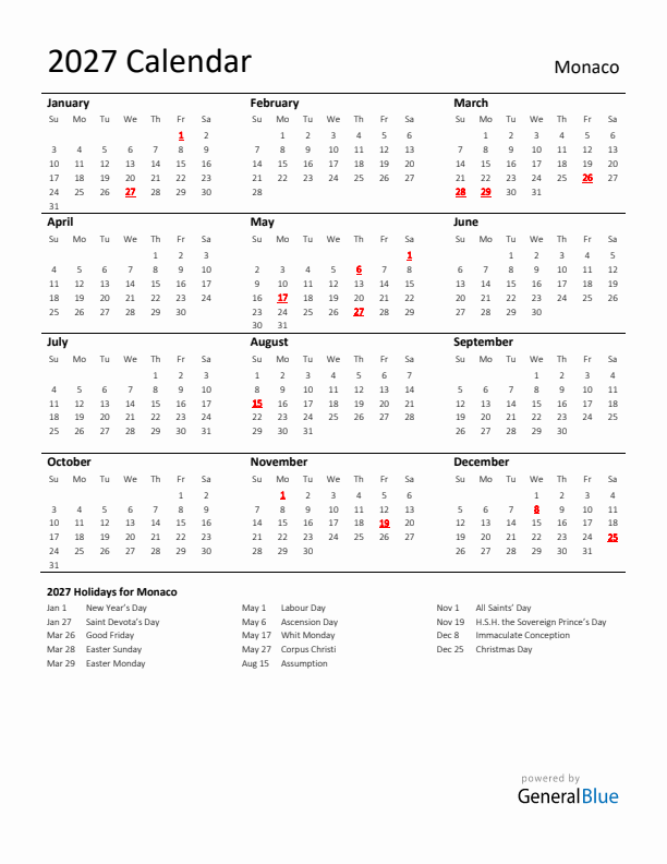 Standard Holiday Calendar for 2027 with Monaco Holidays 