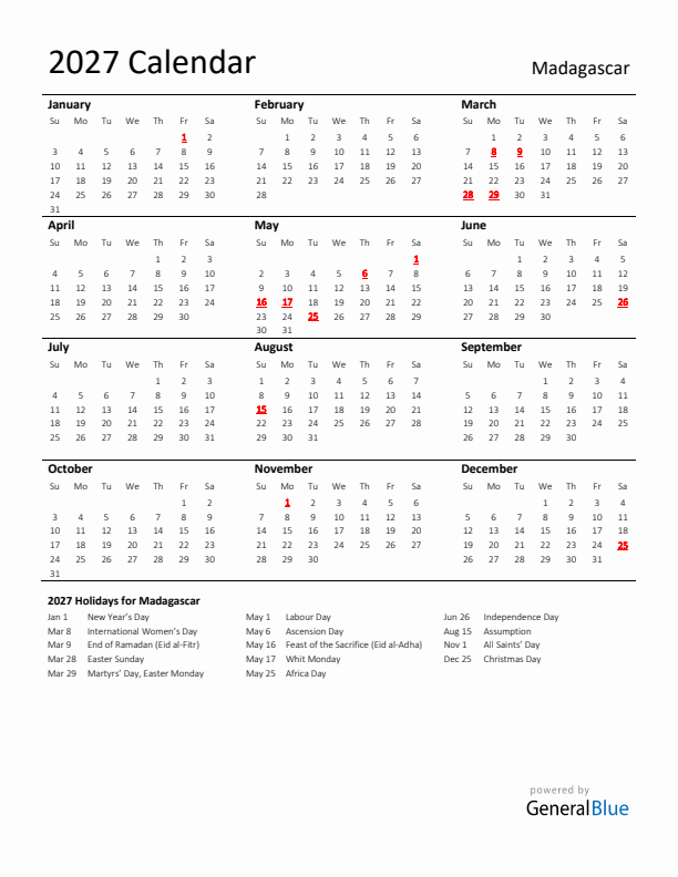 Standard Holiday Calendar for 2027 with Madagascar Holidays 