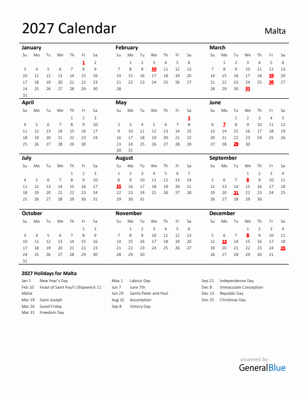 Standard Holiday Calendar for 2027 with Malta Holidays 