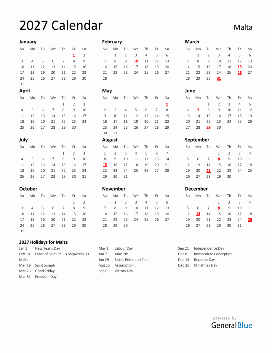 Standard Holiday Calendar for 2027 with Malta Holidays