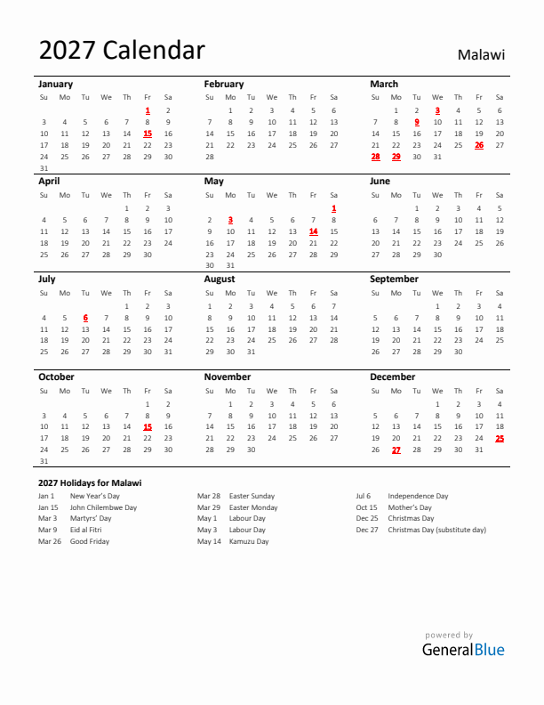 Standard Holiday Calendar for 2027 with Malawi Holidays 