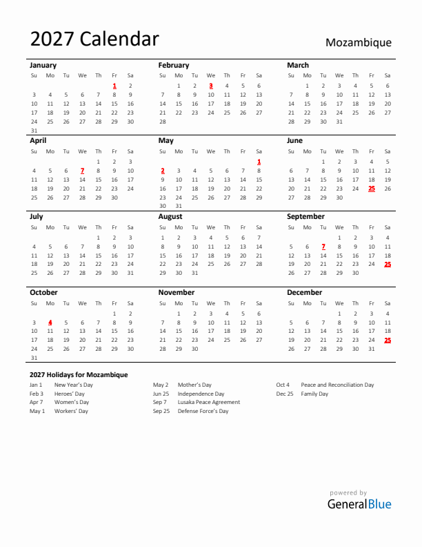 Standard Holiday Calendar for 2027 with Mozambique Holidays 