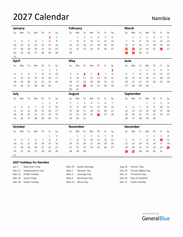 Standard Holiday Calendar for 2027 with Namibia Holidays 