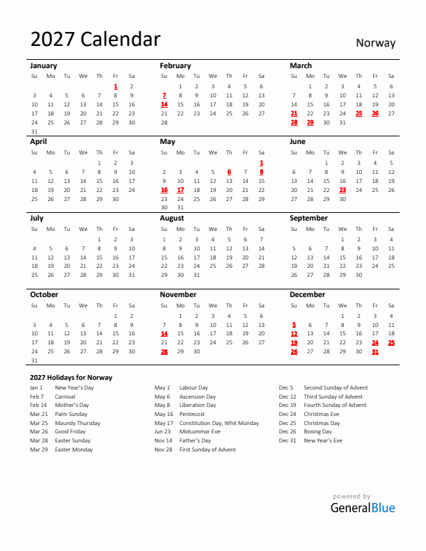 Standard Holiday Calendar for 2027 with Norway Holidays 