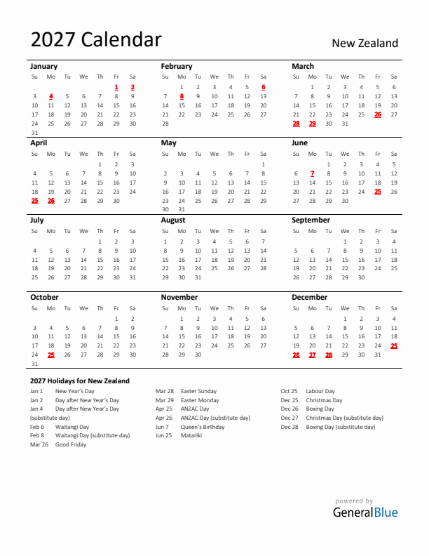 Standard Holiday Calendar for 2027 with New Zealand Holidays 