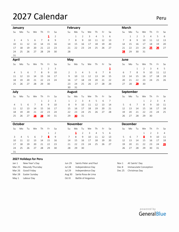 Standard Holiday Calendar for 2027 with Peru Holidays 