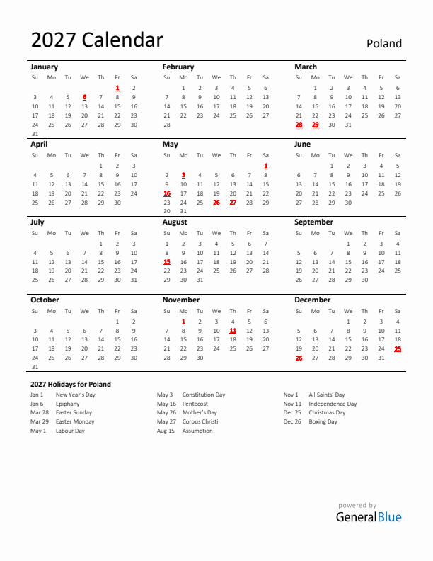 Standard Holiday Calendar for 2027 with Poland Holidays 