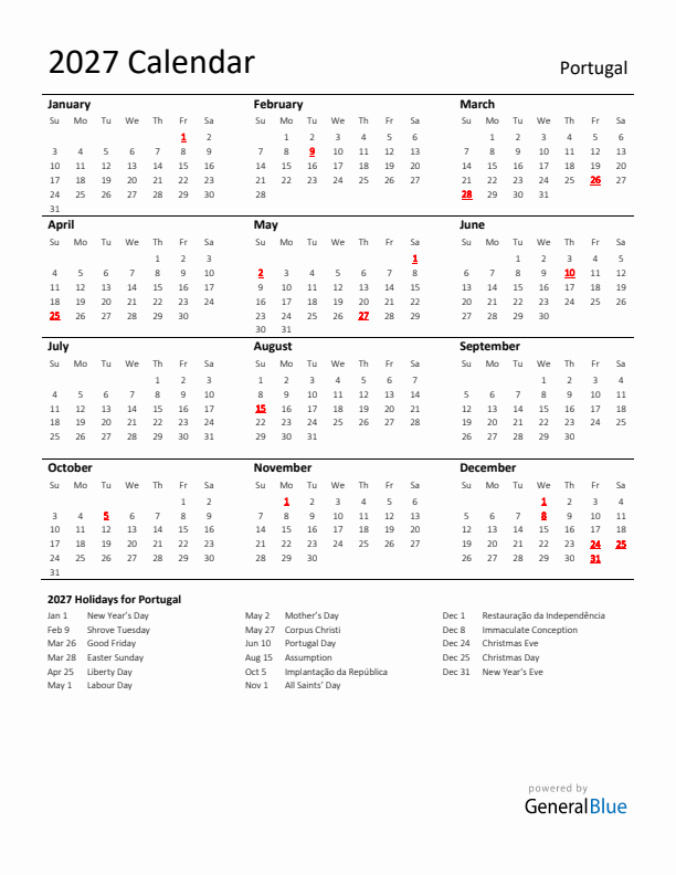 Standard Holiday Calendar for 2027 with Portugal Holidays 