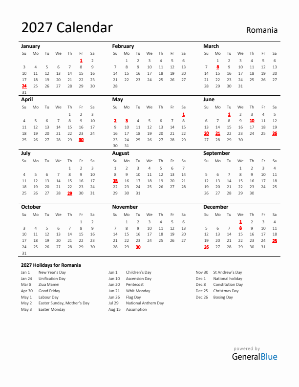Standard Holiday Calendar for 2027 with Romania Holidays 
