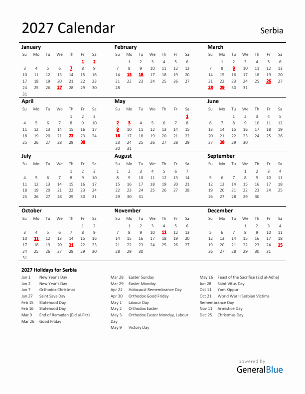Standard Holiday Calendar for 2027 with Serbia Holidays 