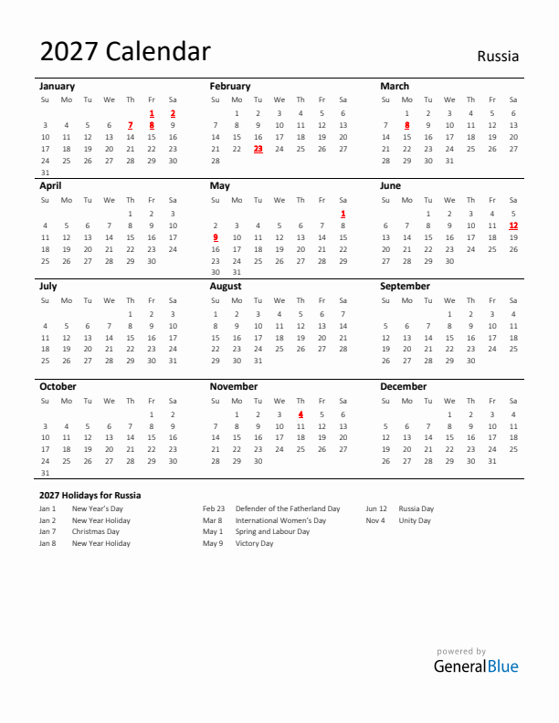 Standard Holiday Calendar for 2027 with Russia Holidays 