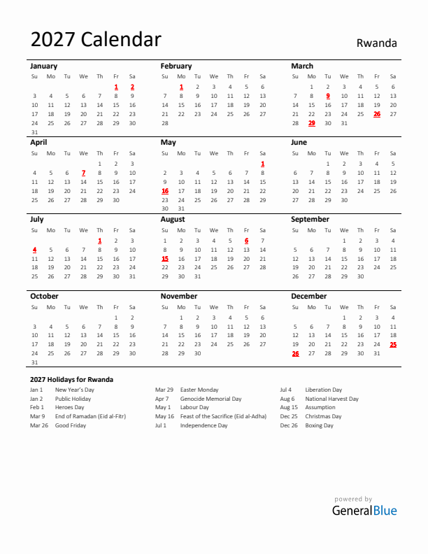 Standard Holiday Calendar for 2027 with Rwanda Holidays 