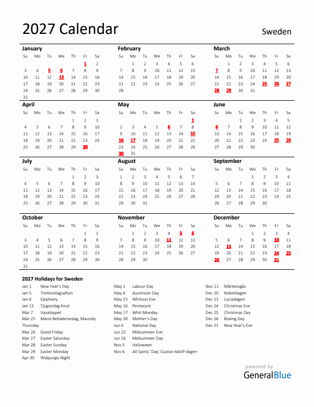 Standard Holiday Calendar for 2027 with Sweden Holidays 