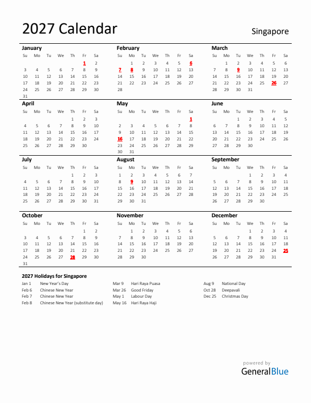 Standard Holiday Calendar for 2027 with Singapore Holidays 
