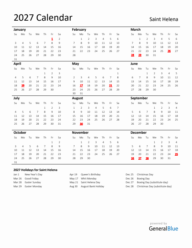 Standard Holiday Calendar for 2027 with Saint Helena Holidays 
