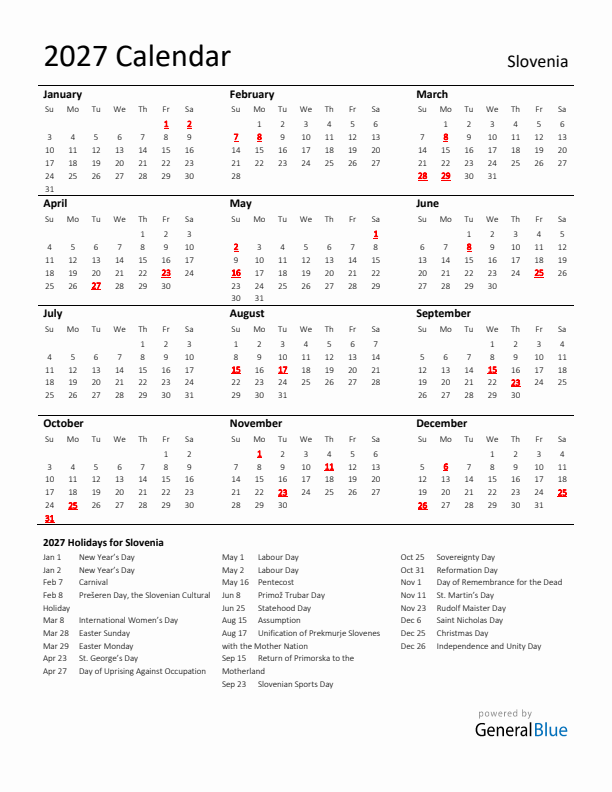 Standard Holiday Calendar for 2027 with Slovenia Holidays 