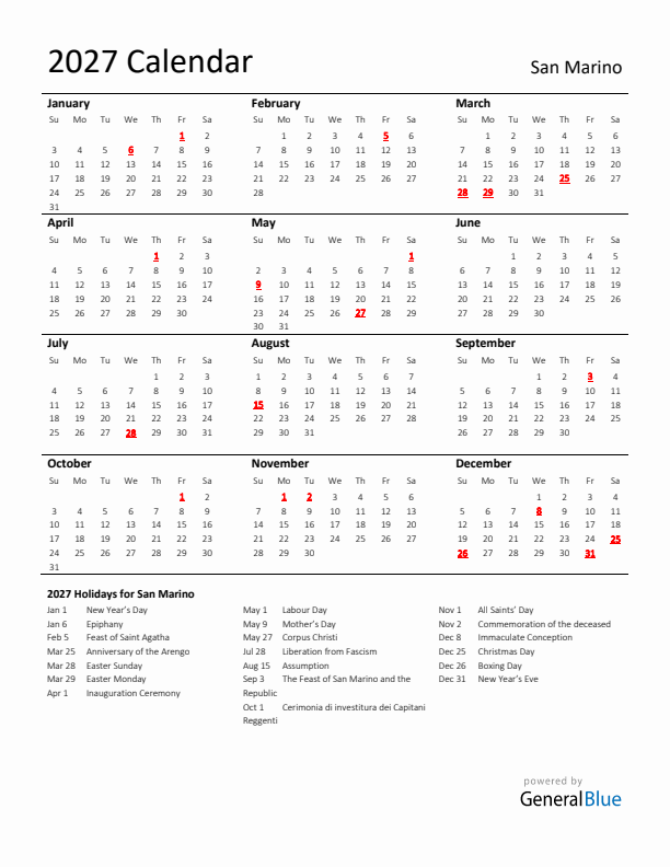 Standard Holiday Calendar for 2027 with San Marino Holidays 
