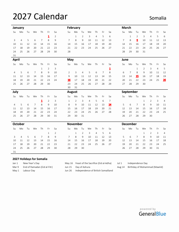 Standard Holiday Calendar for 2027 with Somalia Holidays 