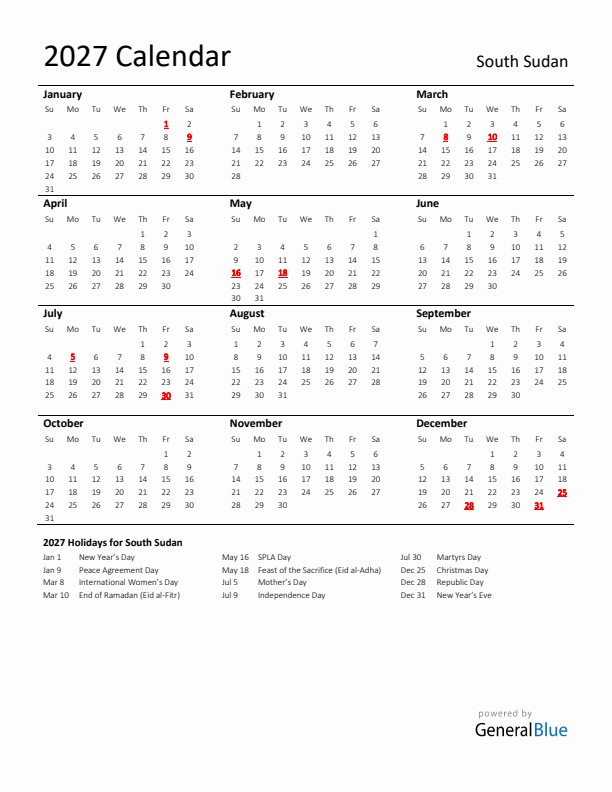 Standard Holiday Calendar for 2027 with South Sudan Holidays 