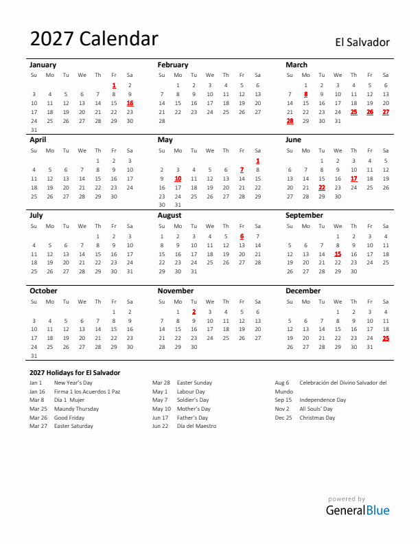 Standard Holiday Calendar for 2027 with El Salvador Holidays 
