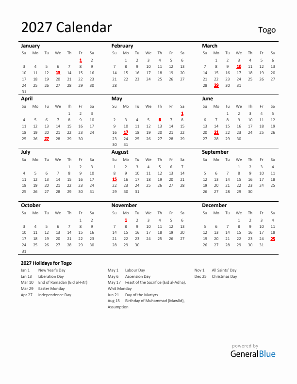 Standard Holiday Calendar for 2027 with Togo Holidays 