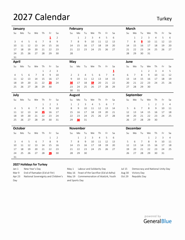Standard Holiday Calendar for 2027 with Turkey Holidays 