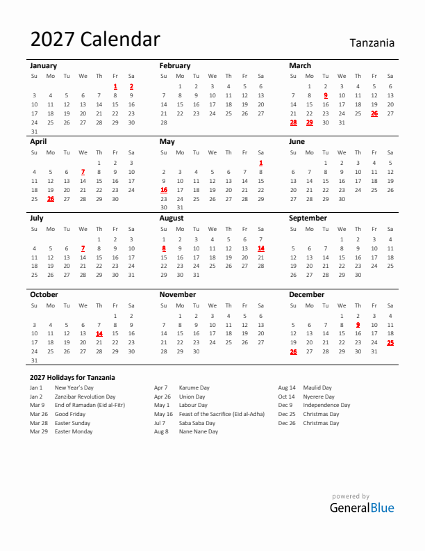 Standard Holiday Calendar for 2027 with Tanzania Holidays 