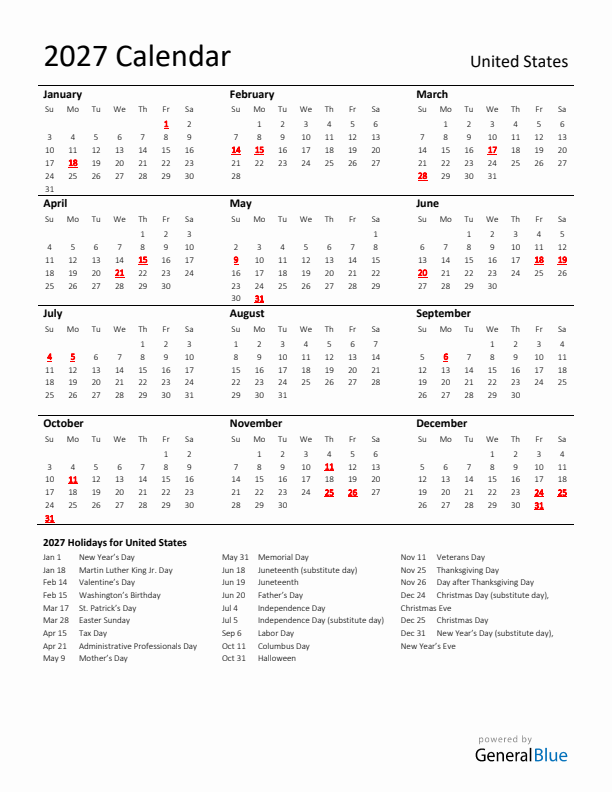 Standard Holiday Calendar for 2027 with United States Holidays 