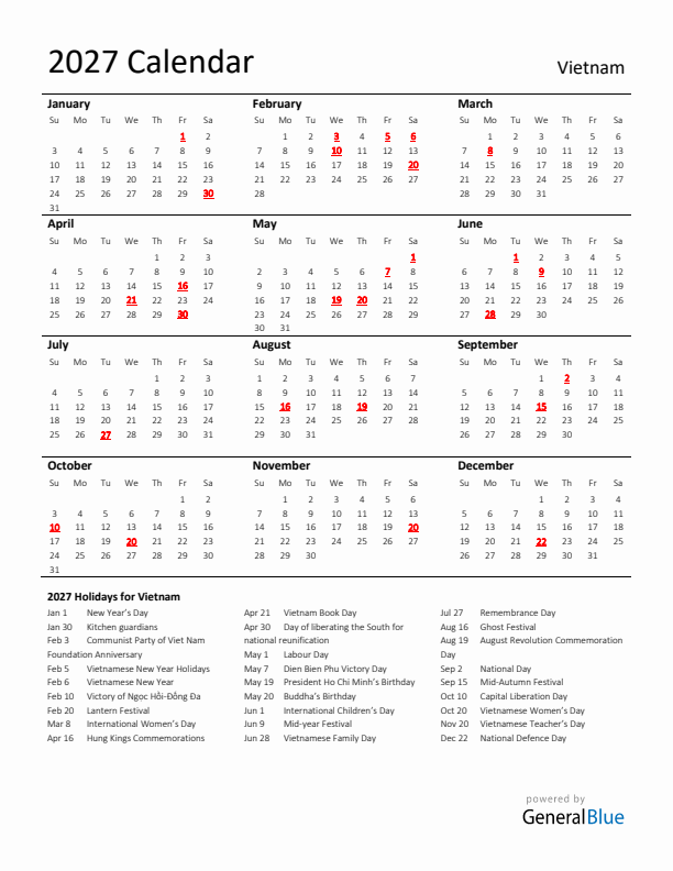 Standard Holiday Calendar for 2027 with Vietnam Holidays 