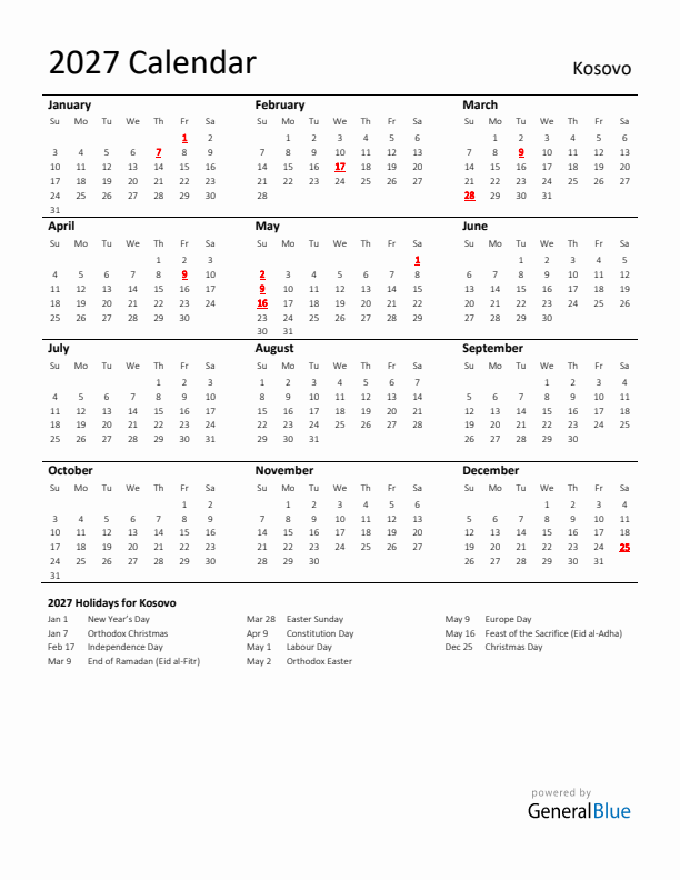 Standard Holiday Calendar for 2027 with Kosovo Holidays 
