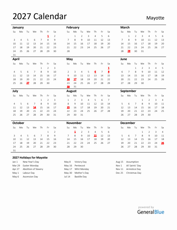 Standard Holiday Calendar for 2027 with Mayotte Holidays 