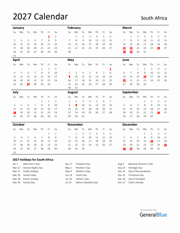 Standard Holiday Calendar for 2027 with South Africa Holidays 