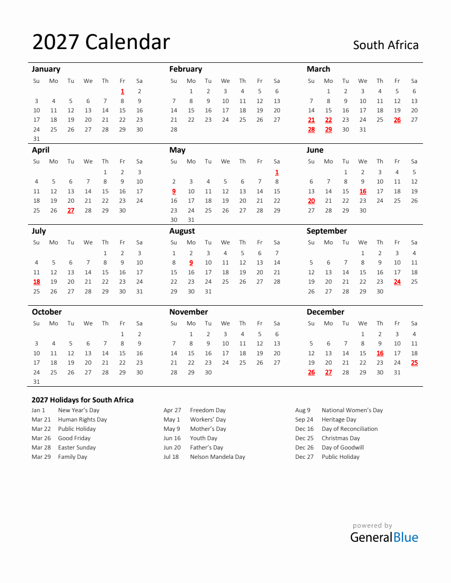 Standard Holiday Calendar for 2027 with South Africa Holidays