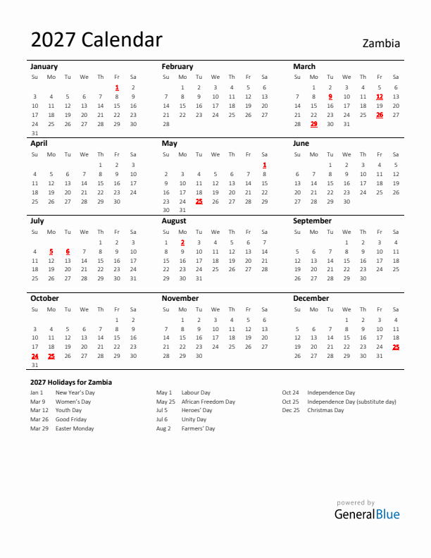 Standard Holiday Calendar for 2027 with Zambia Holidays 