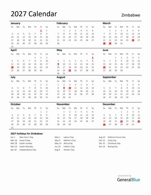 Standard Holiday Calendar for 2027 with Zimbabwe Holidays 