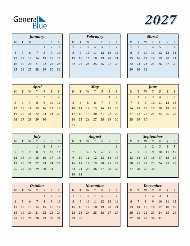2027 Yearly Calendar Templates with Monday Start