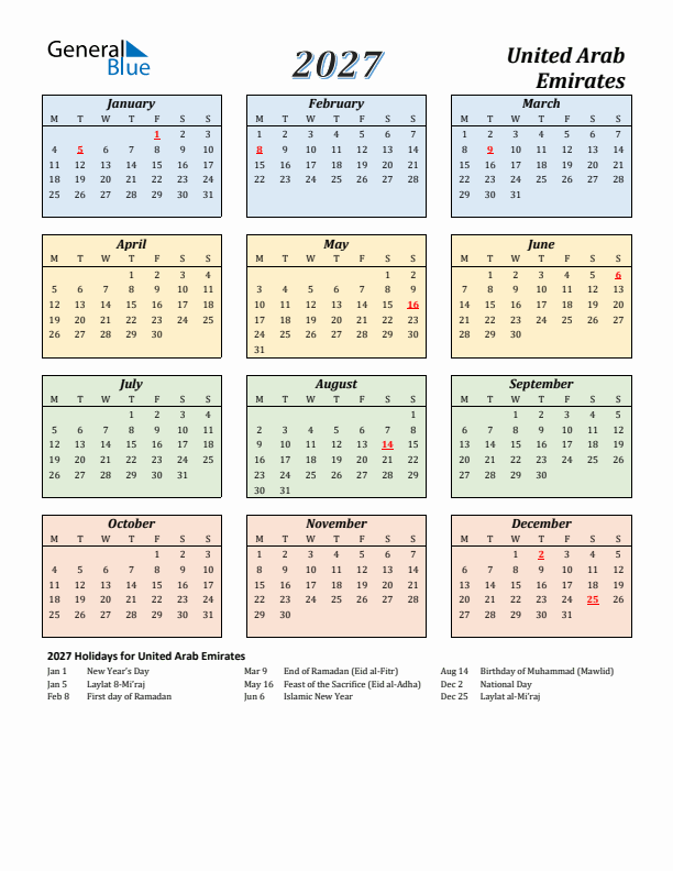 United Arab Emirates Calendar 2027 with Monday Start