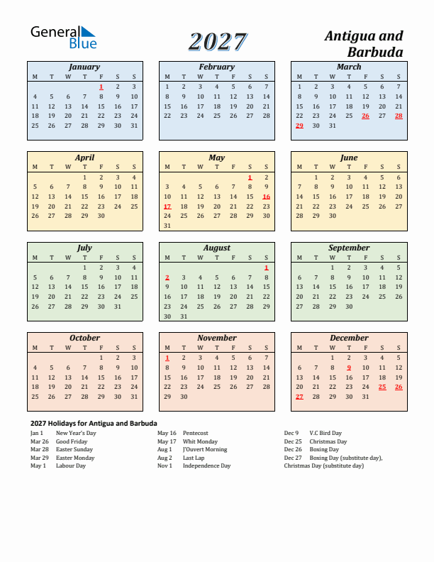 Antigua and Barbuda Calendar 2027 with Monday Start