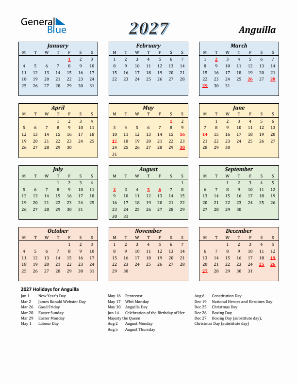 Anguilla Calendar 2027 with Monday Start